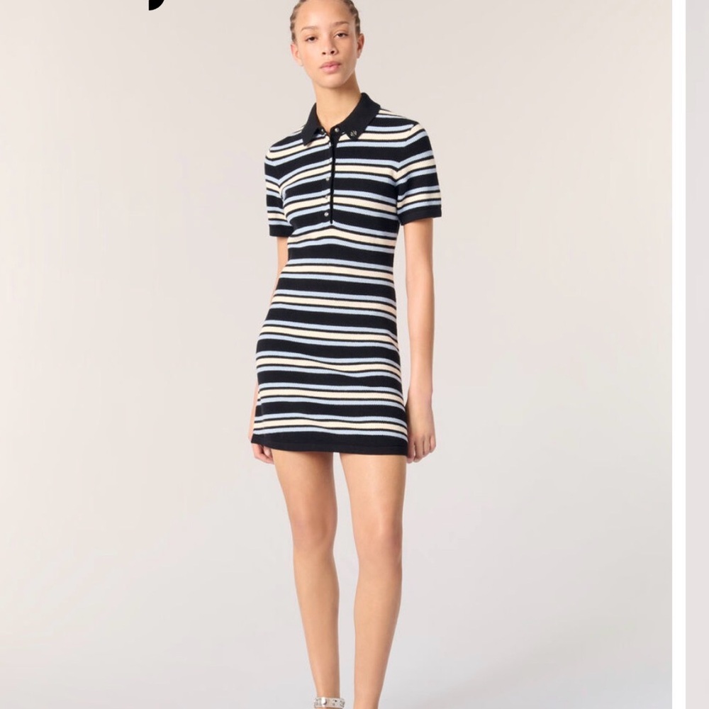 Maje Black and White Striped Mini Dress